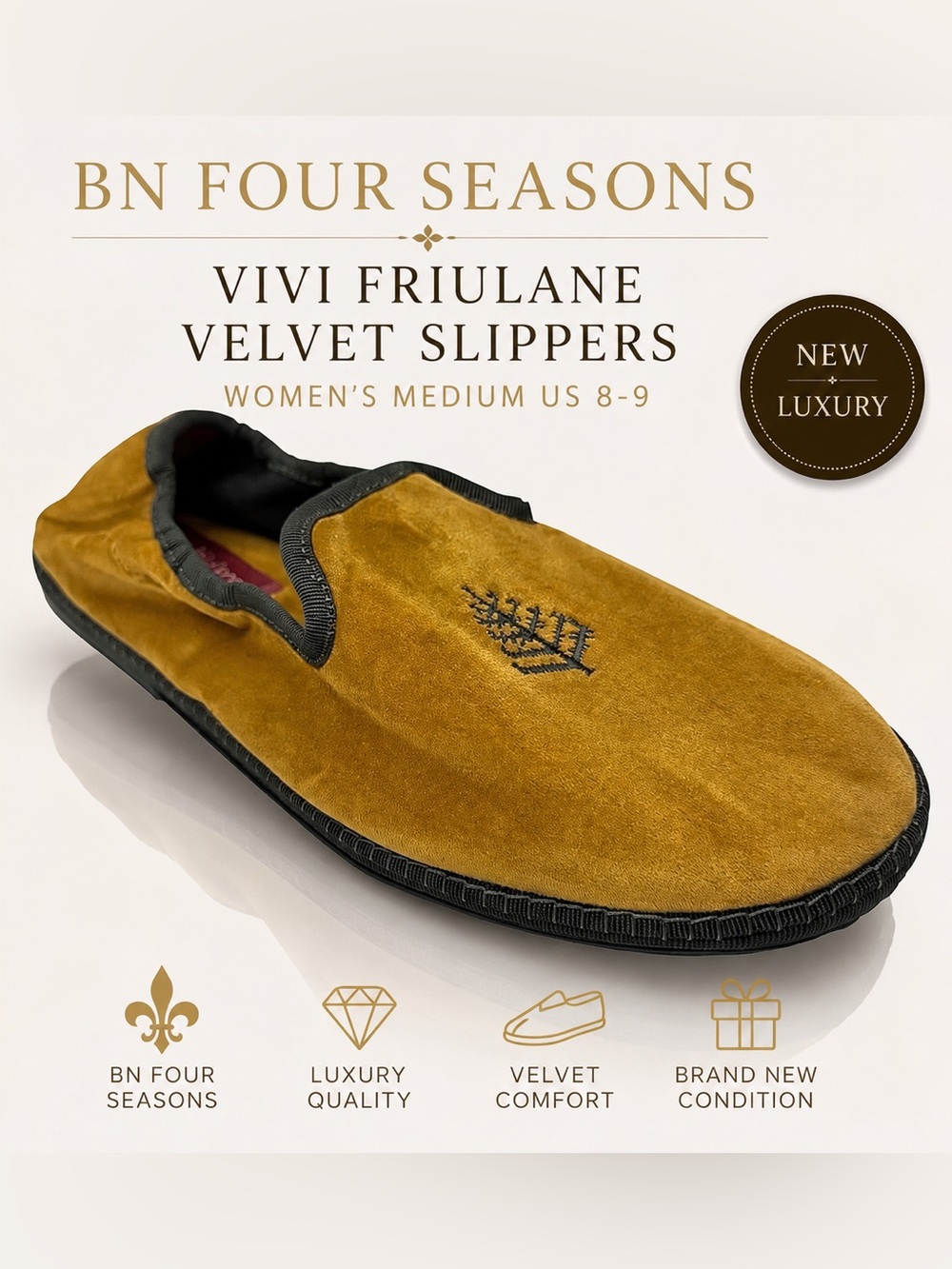 BN Four Seasons Vivi Friulane Velvet Slippers Women’s Medium US 8-9 New Luxury